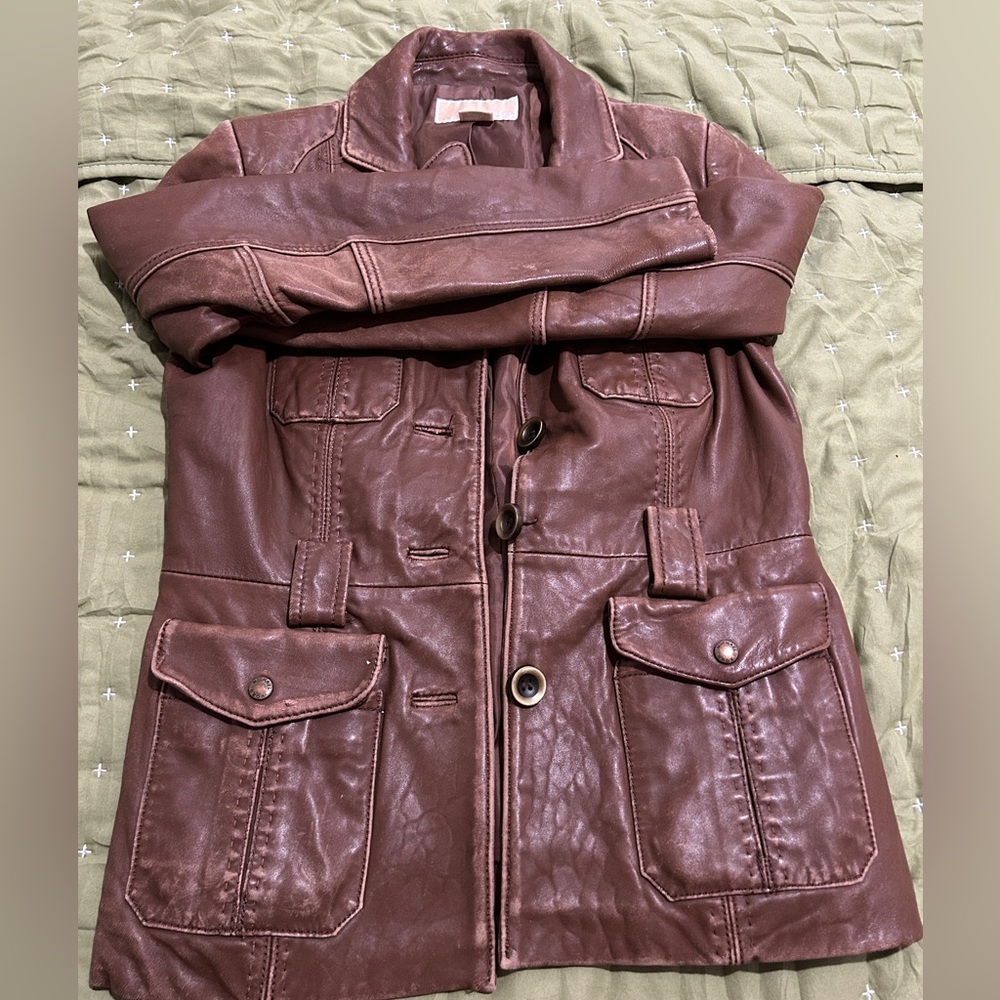 Michael Kors Women's Genuine Leather Moto button up Jacket Brown Size Med